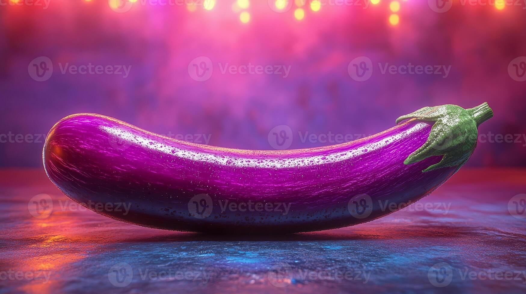 The eggplant lies on the surface in a futuristic style illuminated with purple and pink light photo