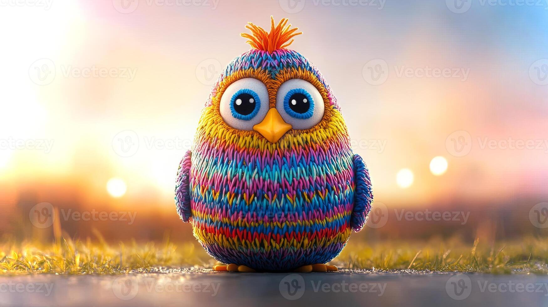 A vibrant, textured bird character stands on grass, glowing in the sunset, captivating all with its big eyes and cheerful demeanor. photo
