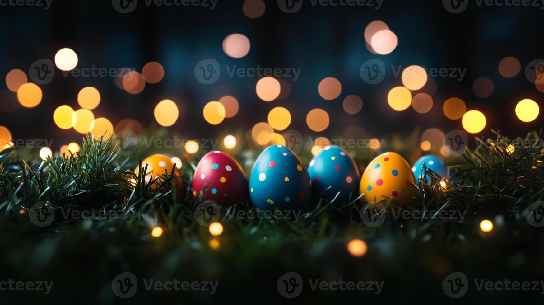 Vibrant Easter eggs in bright colors are lined up on green grass surrounded by glowing lights, creating a festive atmosphere in the evening. photo