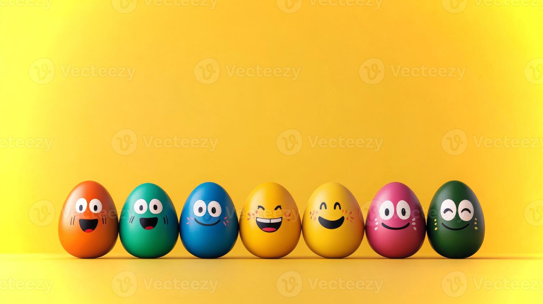 Eight vibrant eggs with smiling faces are displayed in a row against a cheerful yellow backdrop, creating a playful and festive atmosphere. photo
