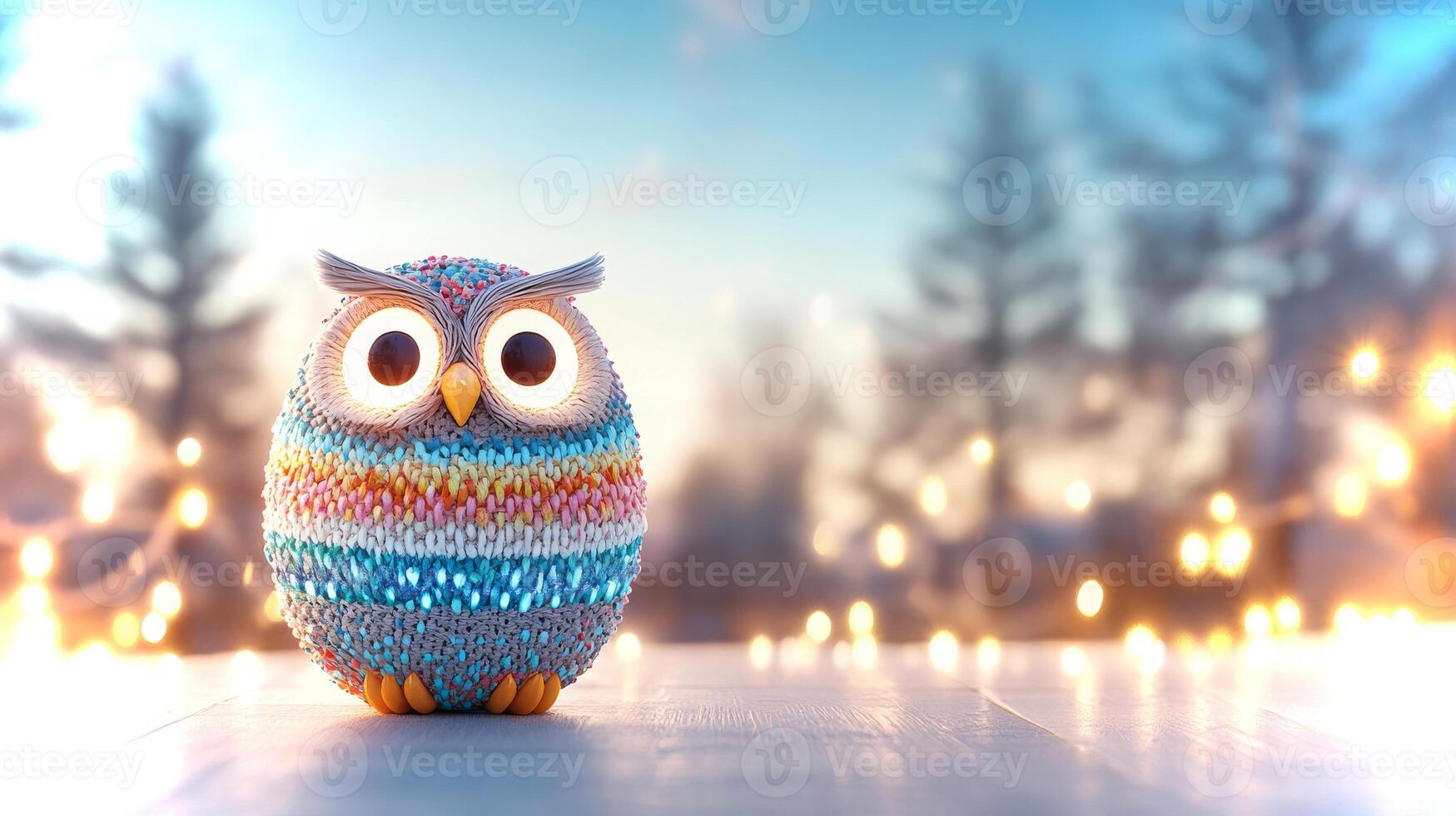 A knitted owl with bright eyes and colorful patterns sits on a surface, surrounded by sparkly lights and a soft blurry forest backdrop during twilight. photo