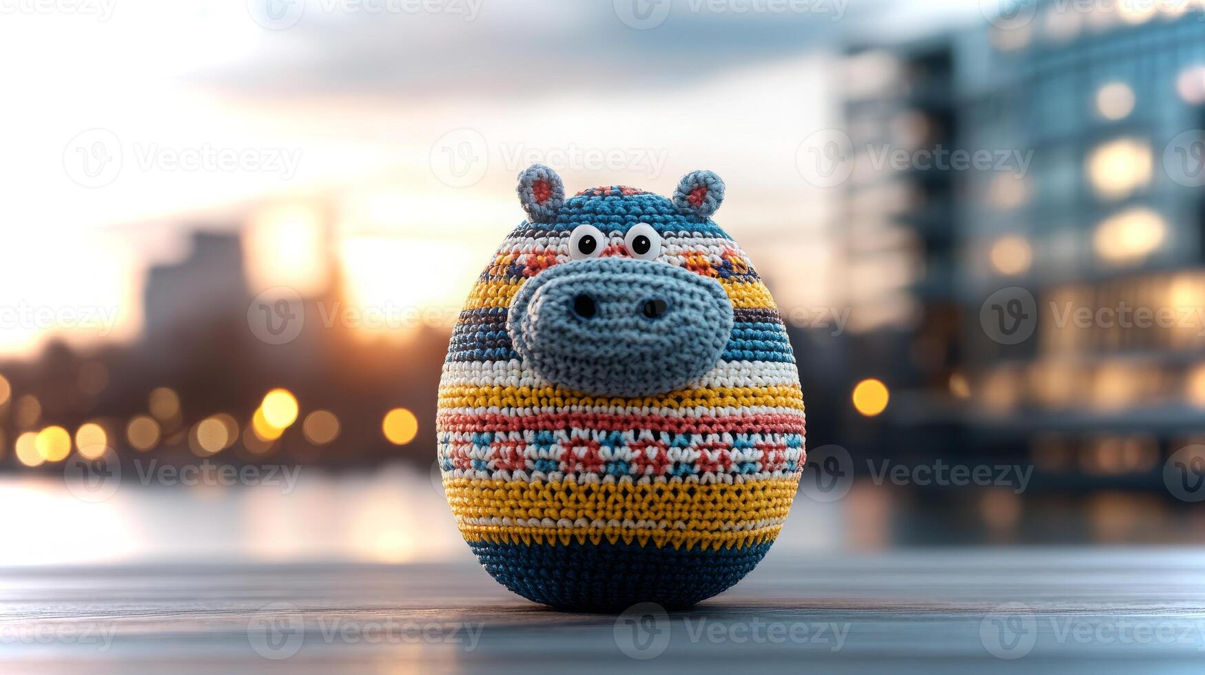 A vibrant crocheted hippo toy showcases intricate patterns and textures as it stands near water, bathed in warm sunset light illuminating the urban skyline. photo