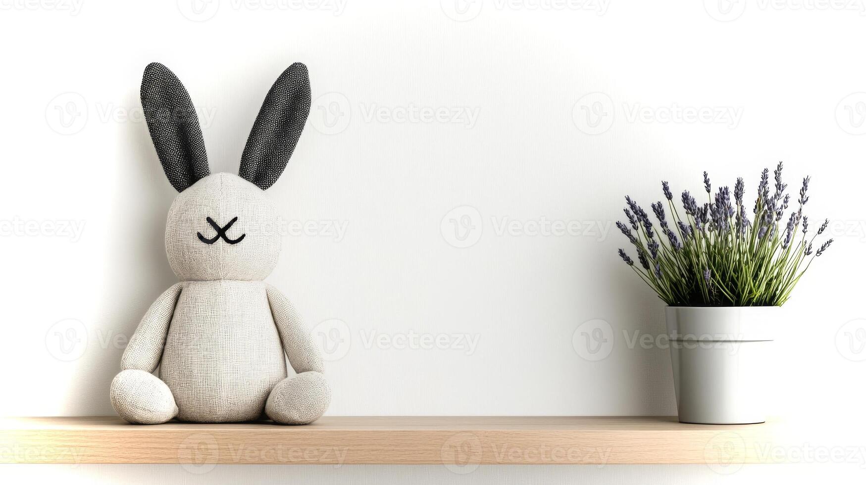 A cute bunny toy sits on a wooden shelf next to a pot of lavender. The cozy atmosphere is enhanced by the neutral color palette and simple decor. photo