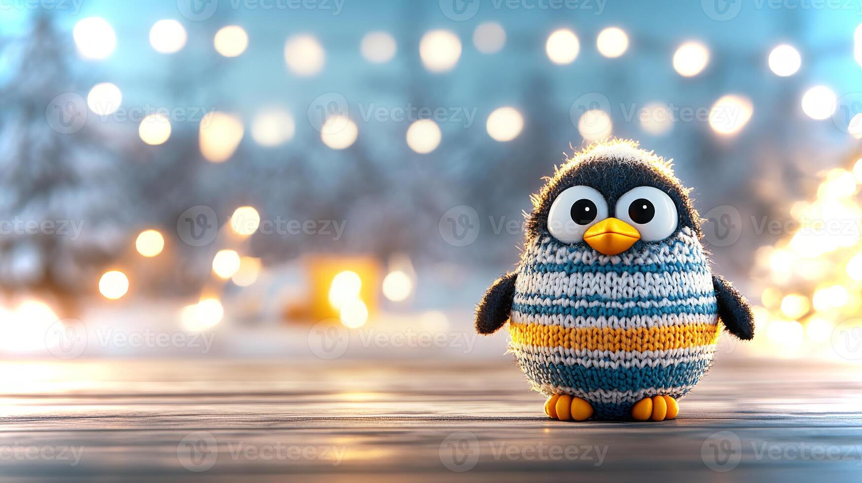 A charming penguin character stands confidently in a colorful knitted sweater amidst twinkling festive lights and a serene winter backdrop, evoking joy and warmth. photo