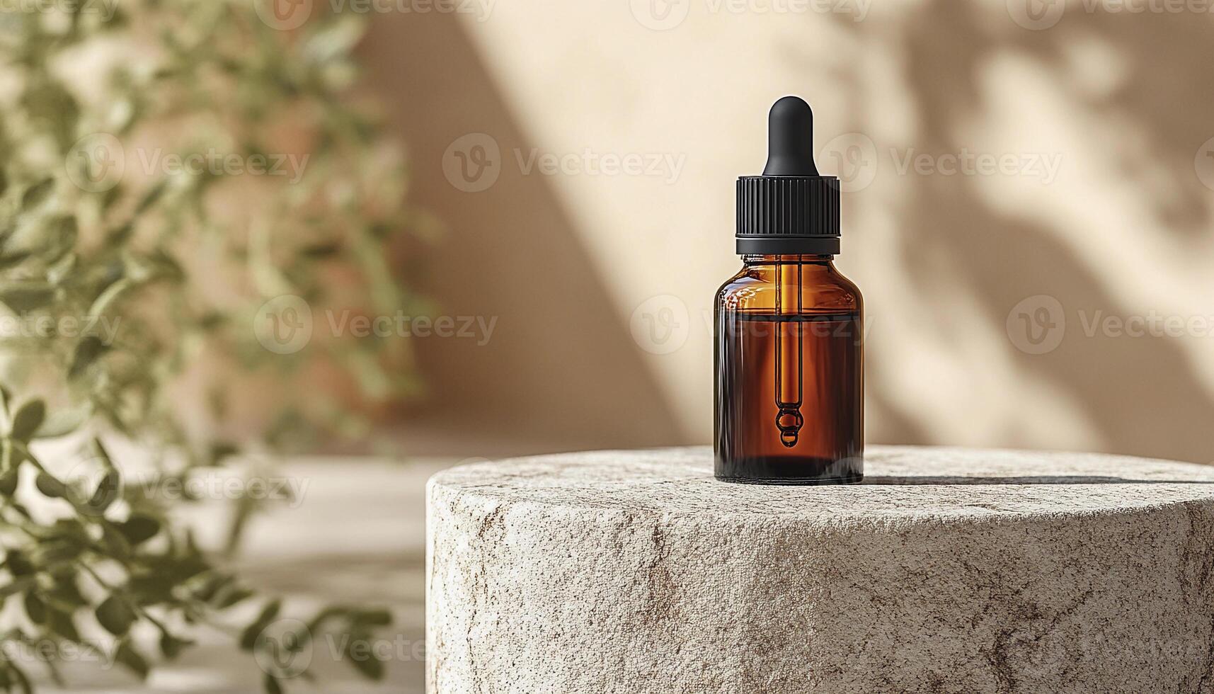 Mockup brown dropper bottle facial serum is placed on the cosmetics podium on a stone surface surrounded. Beige minimalist stone background in wabi sabi bohostyle. photo