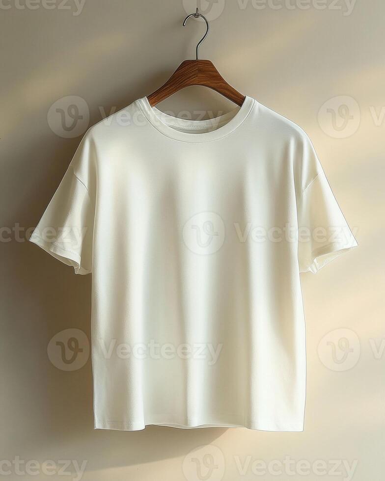 Mockup template of a white t-shirt unisex hanging on a beige background. Minimalistic composition with harsh light and shadows from the window photo
