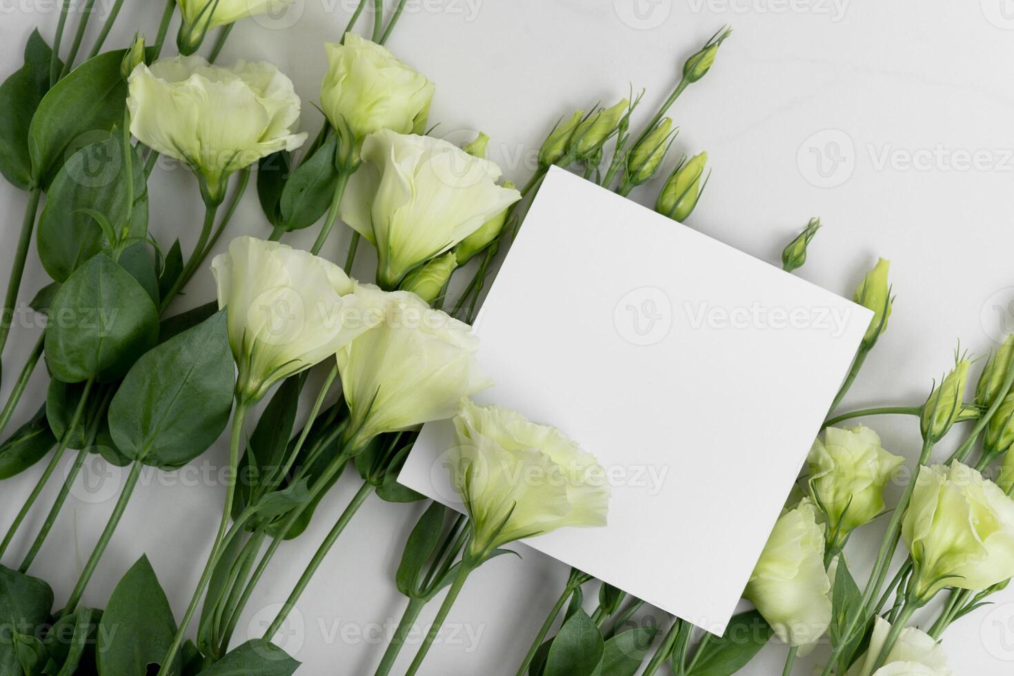 Real photo. square invitation card mockup with a eustoma flowers. Top view with copy space, light gray photo