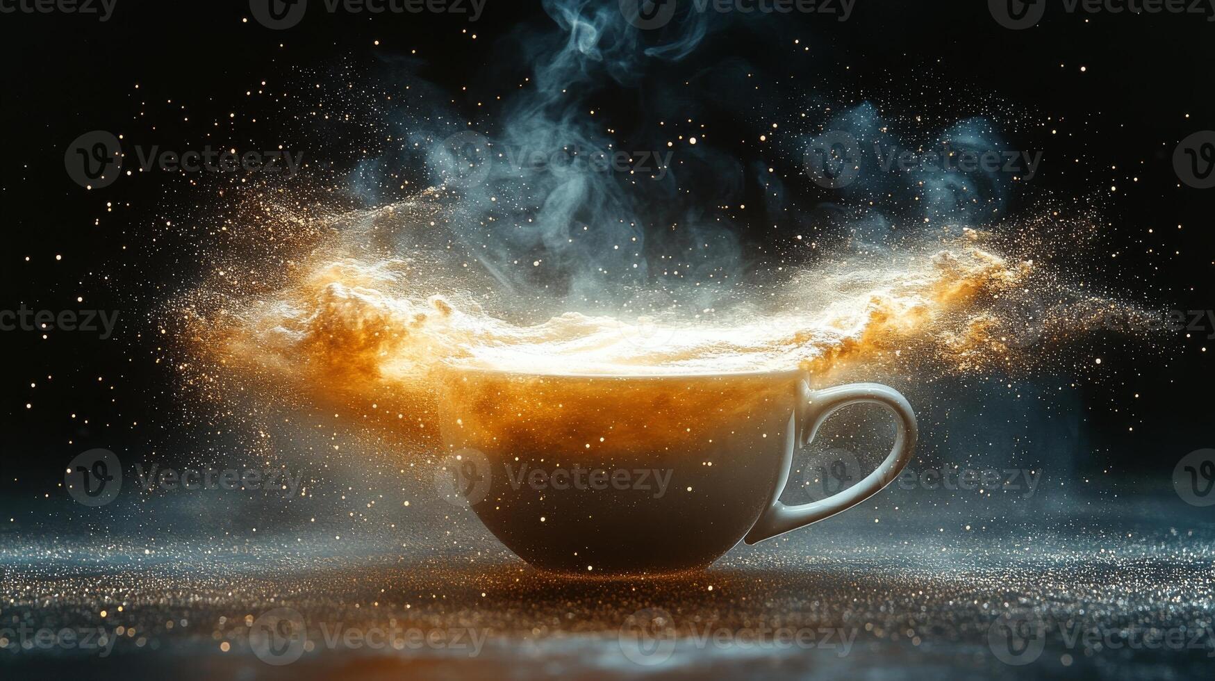 A coffee cup hovers in mid-air, surrounded by rising steam and swirling particles, creating an enchanting and surreal ambiance that captivates the senses. photo