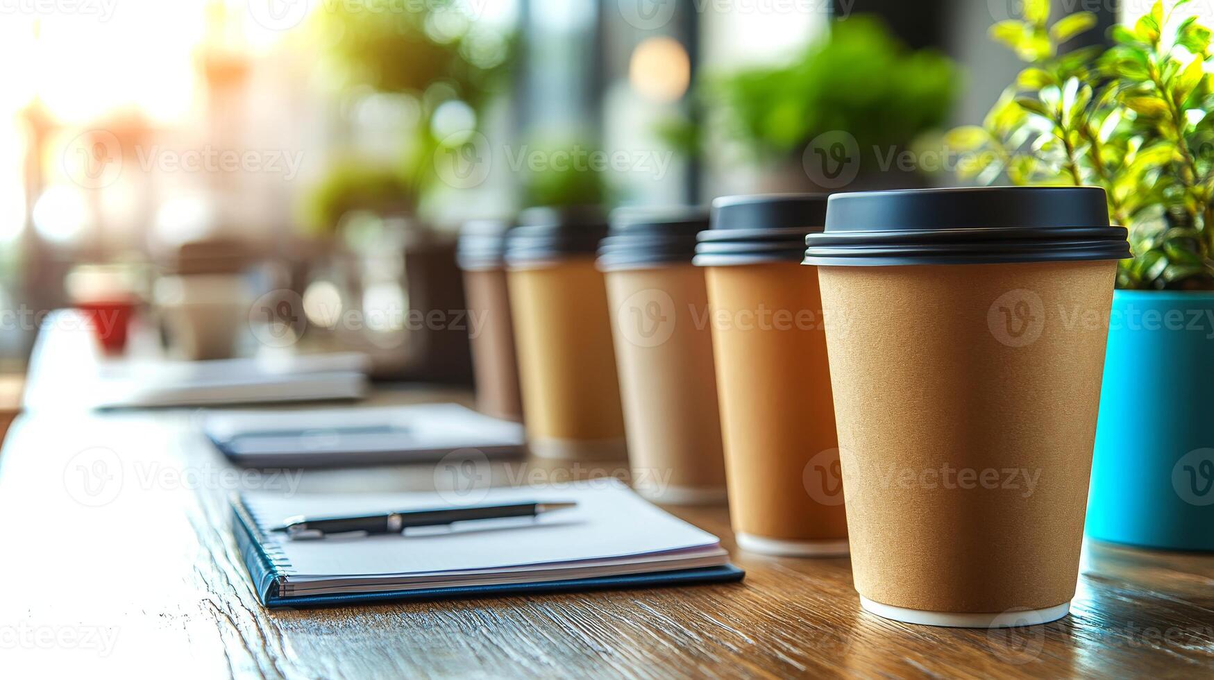 Multiple takeaway coffee cups sit on a wooden table surrounded by notepads and pens, creating a productive atmosphere for a business meeting in a stylish office. photo