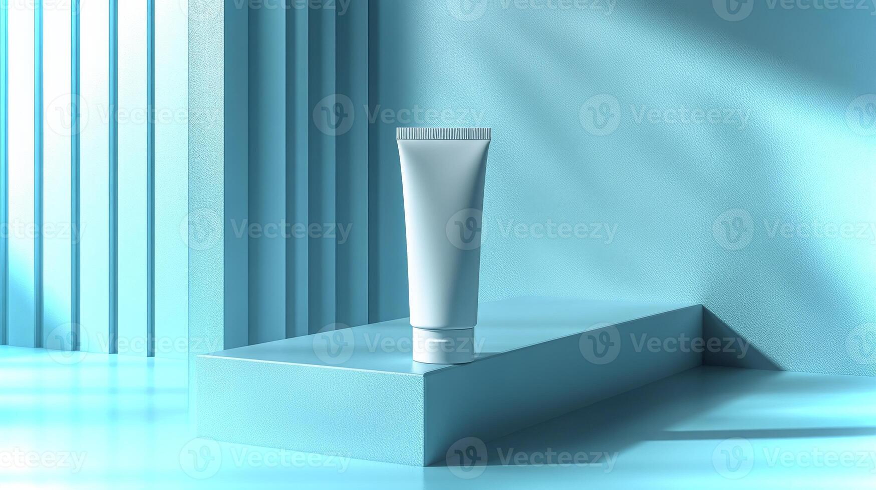 A tube of pharmaceutical product stands prominently against a softly lit blue background, emphasizing simplicity and modern aesthetics. photo