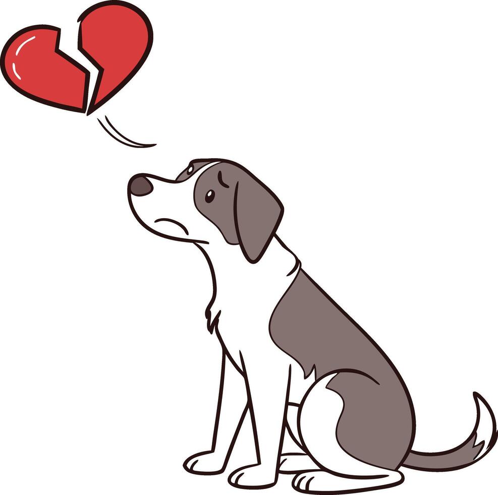 Dog expresses sadness, accompanied by a broken heart symbol vector