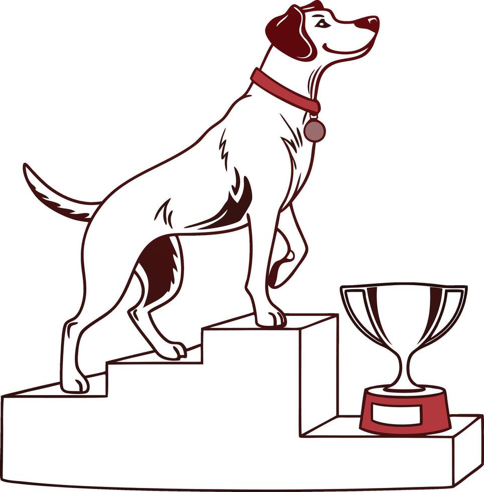 Victorious dog, poised proudly on a winners' podium next to a gleaming trophy vector