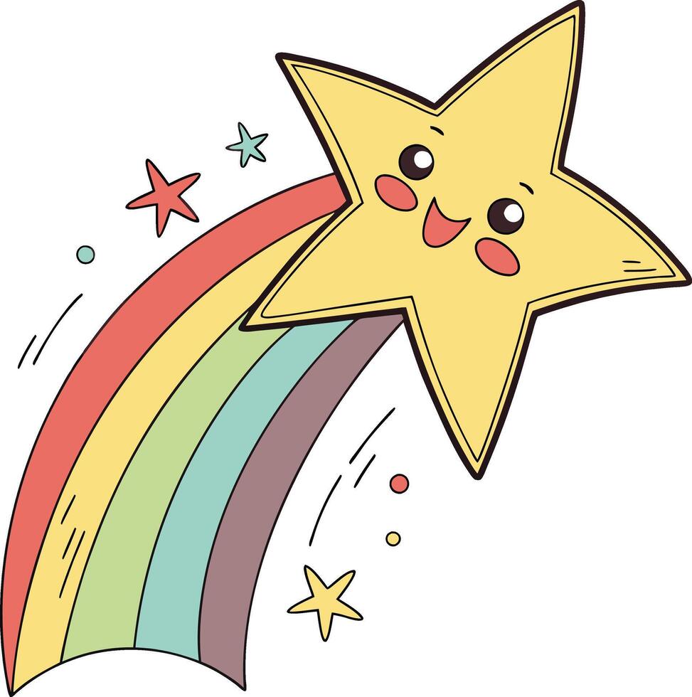 Cartoon star soars across a vibrant rainbow vector
