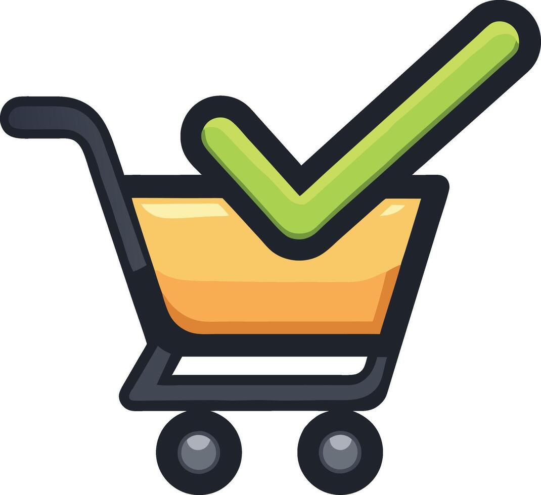The shopping cart icon with a bold, green checkmark vector