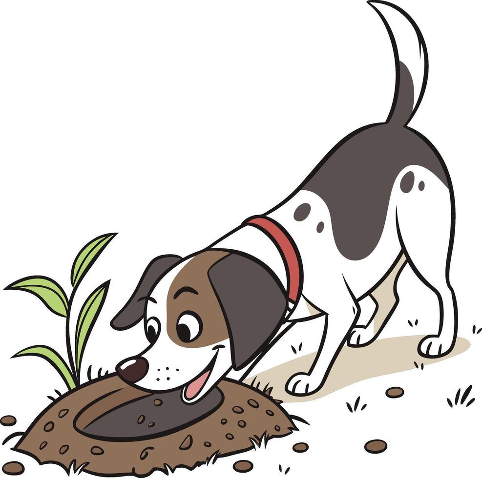 Dog investigates a small hole in the ground vector