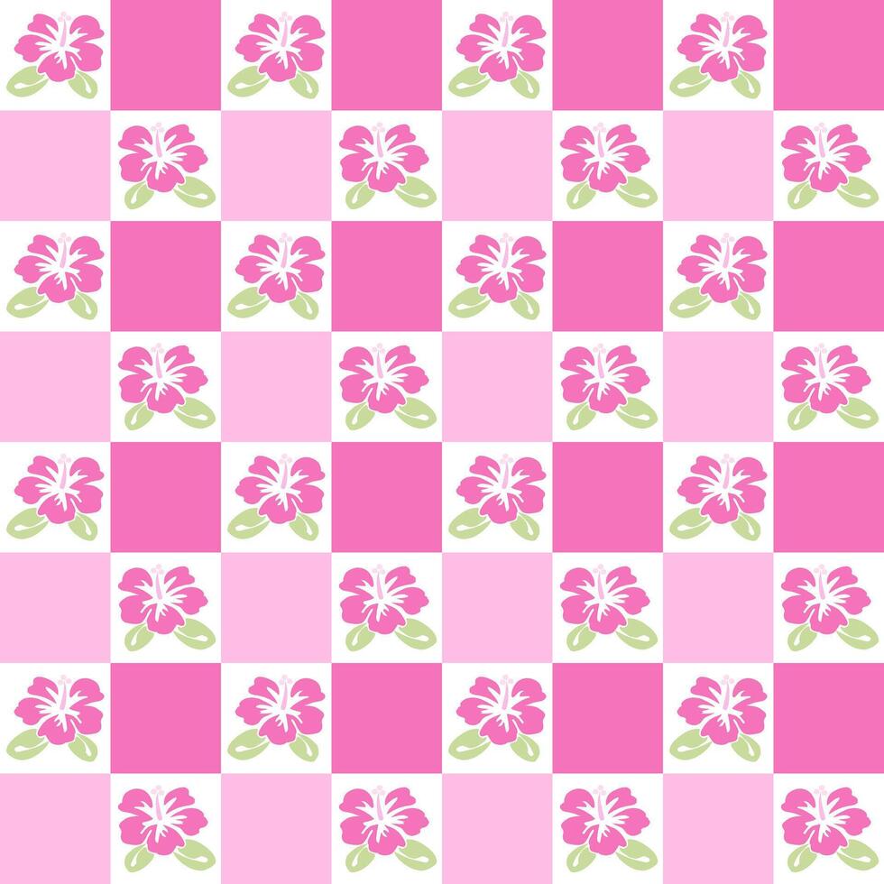 Gingham with hibiscus in pink theme. vector