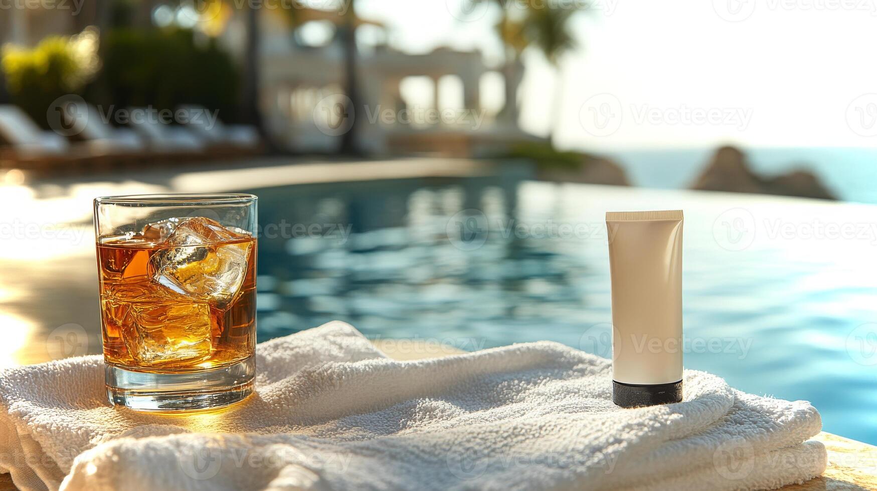 This serene poolside setup features a glass of whiskey with ice alongside sunscreen, embodying relaxation amid luxury at a tropical resort. photo