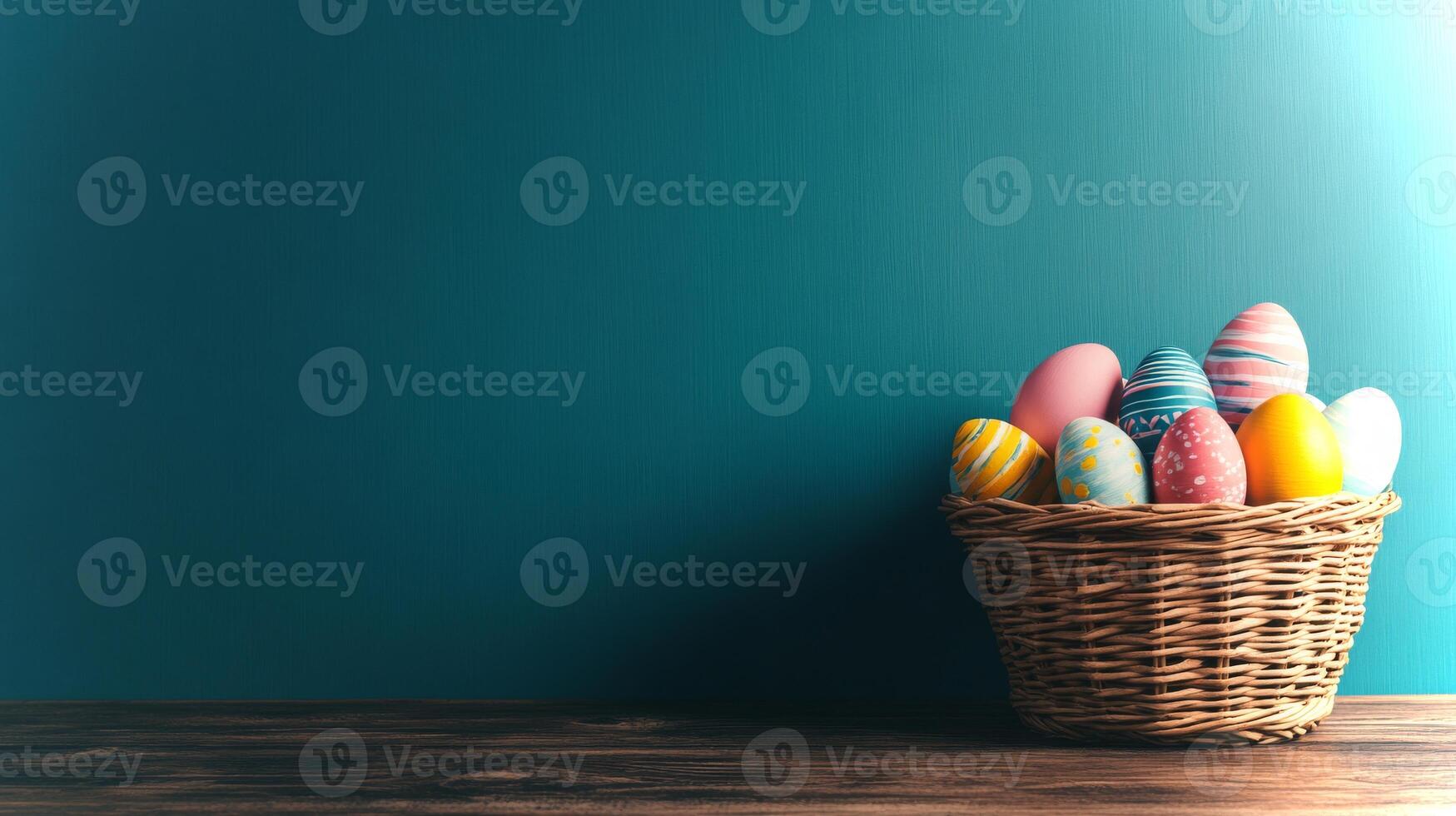 Vibrant Easter eggs display intricate patterns and colors, neatly arranged in a wicker basket situated on a wooden surface with a blue backdrop. photo