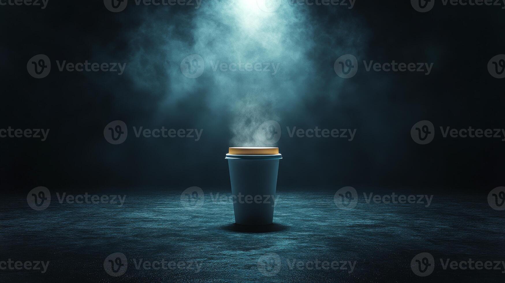 A coffee cup emits steam in a dark environment, highlighted by a beam of light from above, creating an enchanting and mysterious atmosphere. photo