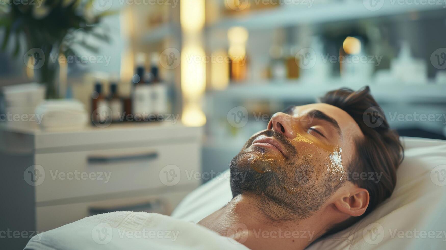 A man undergoes a soothing skincare treatment in a sleek beauty clinic. Surrounded by various beauty products, he enjoys the pampering experience while lying comfortably on a treatment bed. photo