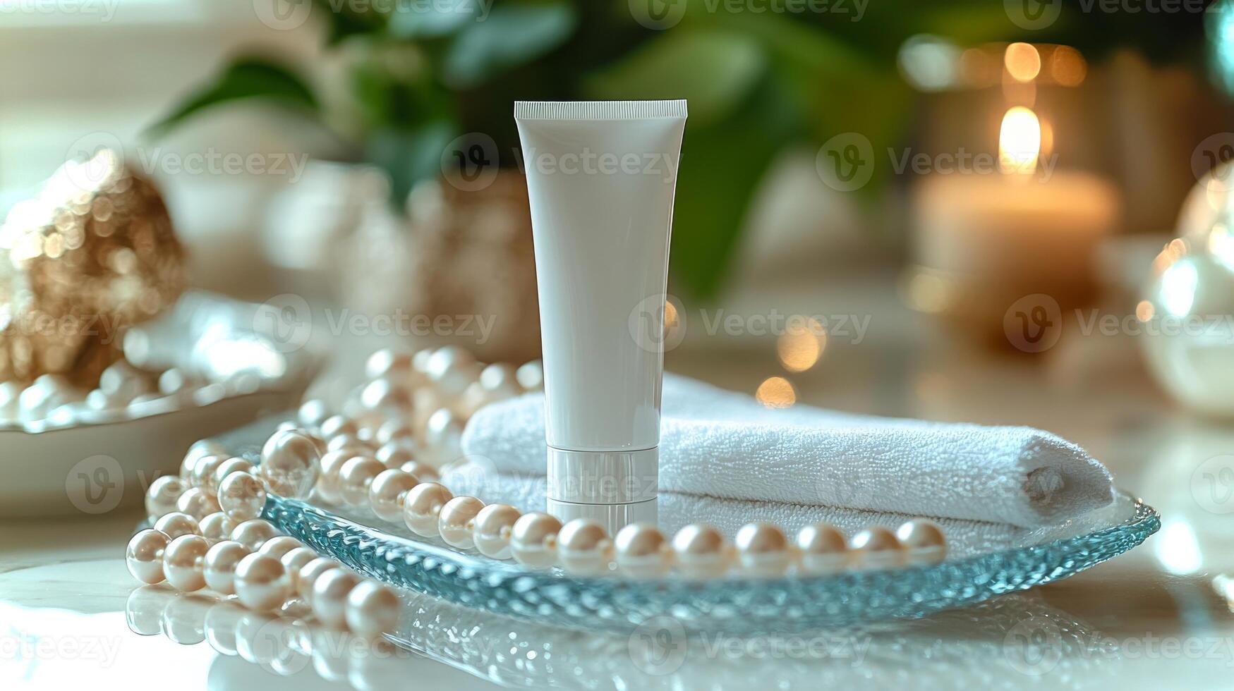 Delicate skincare essentials arranged on a glass plate with pearls and candles, creating a serene and luxurious ambiance for self-care. photo