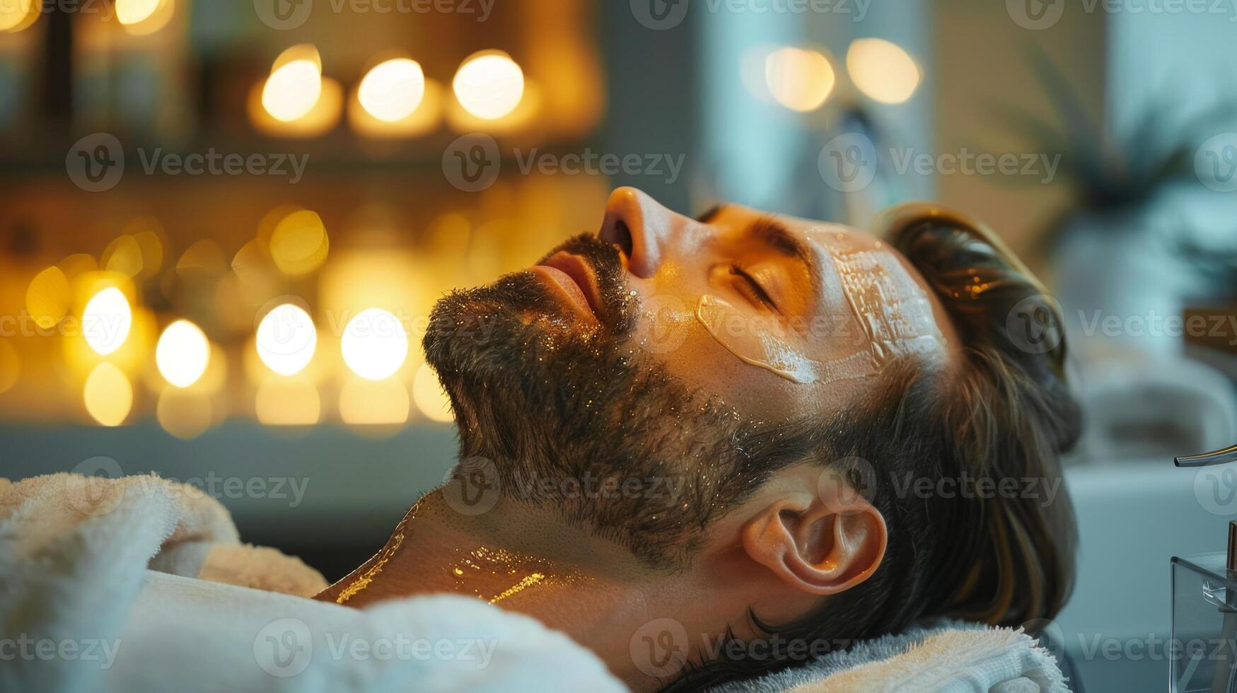 A male client enjoys a beauty treatment, lying back as a mask is applied to his face. Soft lighting creates a calming atmosphere, enhancing the spa experience. photo