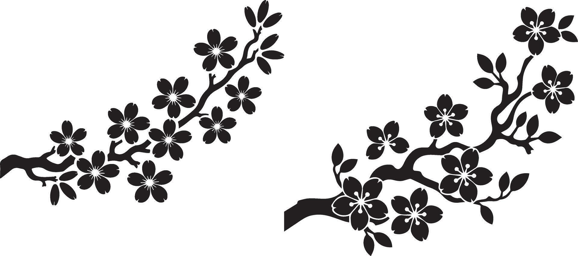 two black and white silhouettes of flowers on a branch vector
