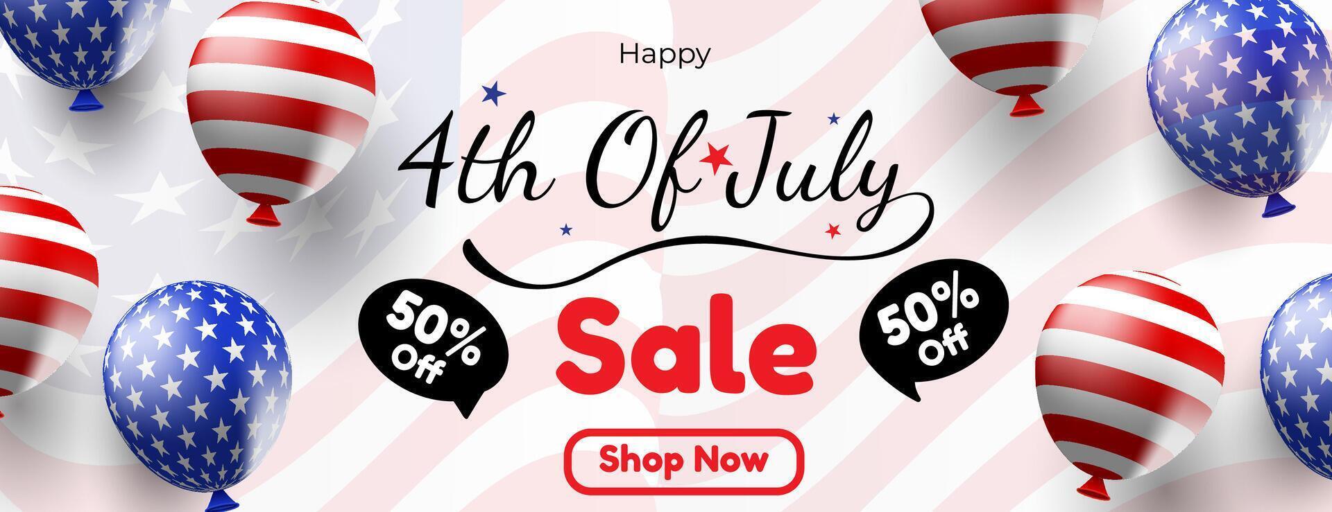 4th of july sale banner design with 3d balloons on american flag background vector