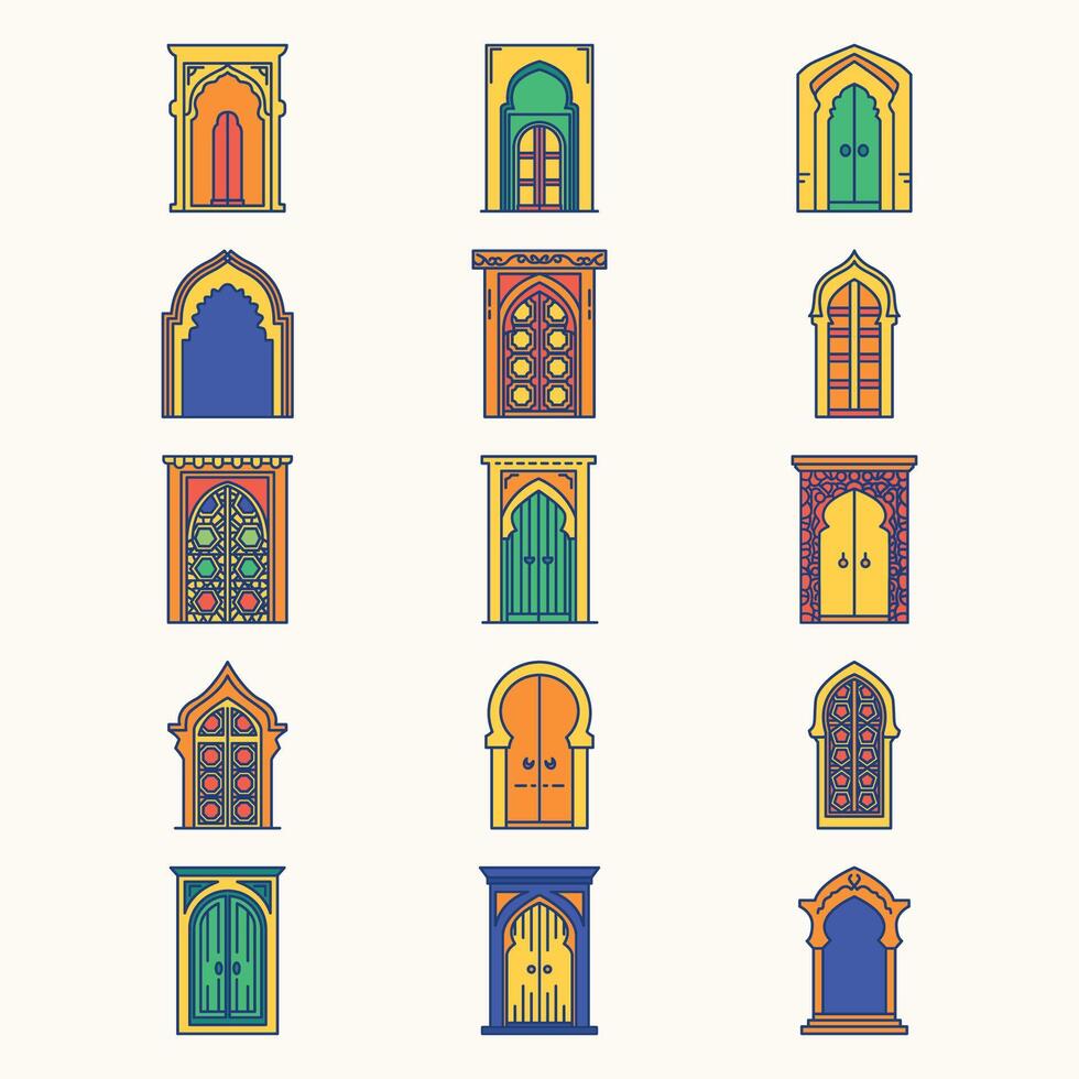 A stylish icon set showcasing 15 unique Middle Eastern doors and windows. vector