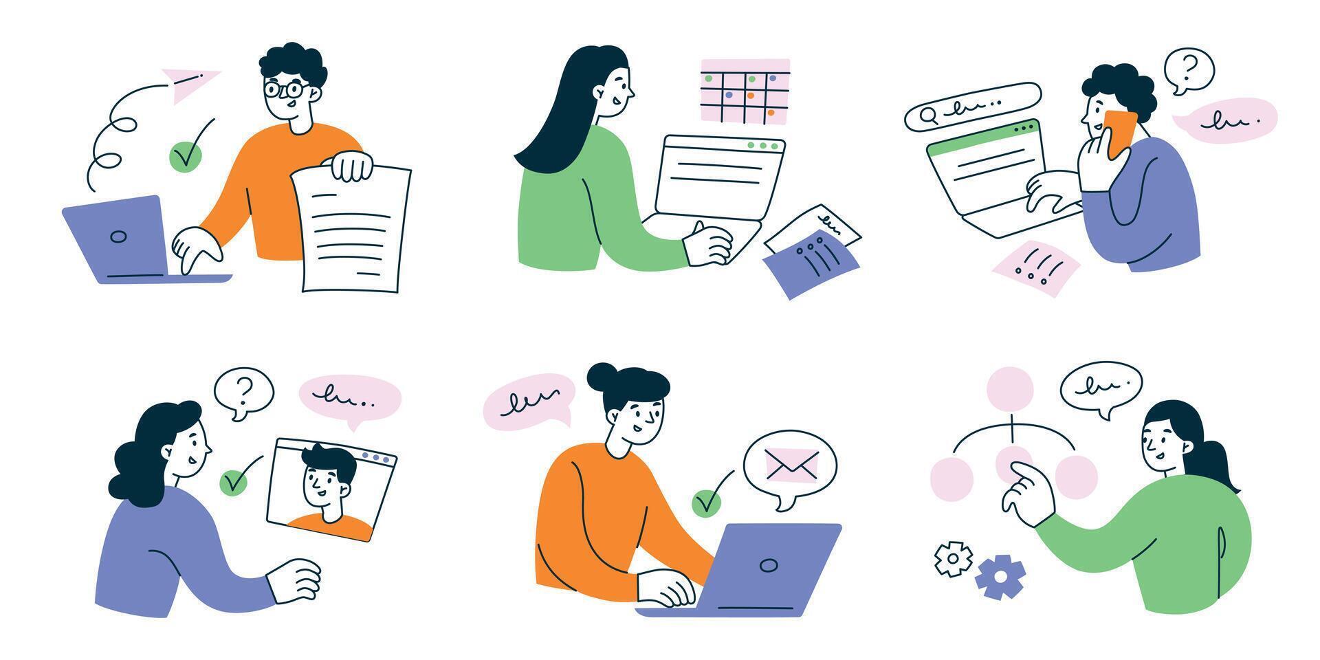Office and remote work set. Flat cartoon characters working. illustration collection of online meetings, task planning, project management, presentations, business calls, and teamwork vector