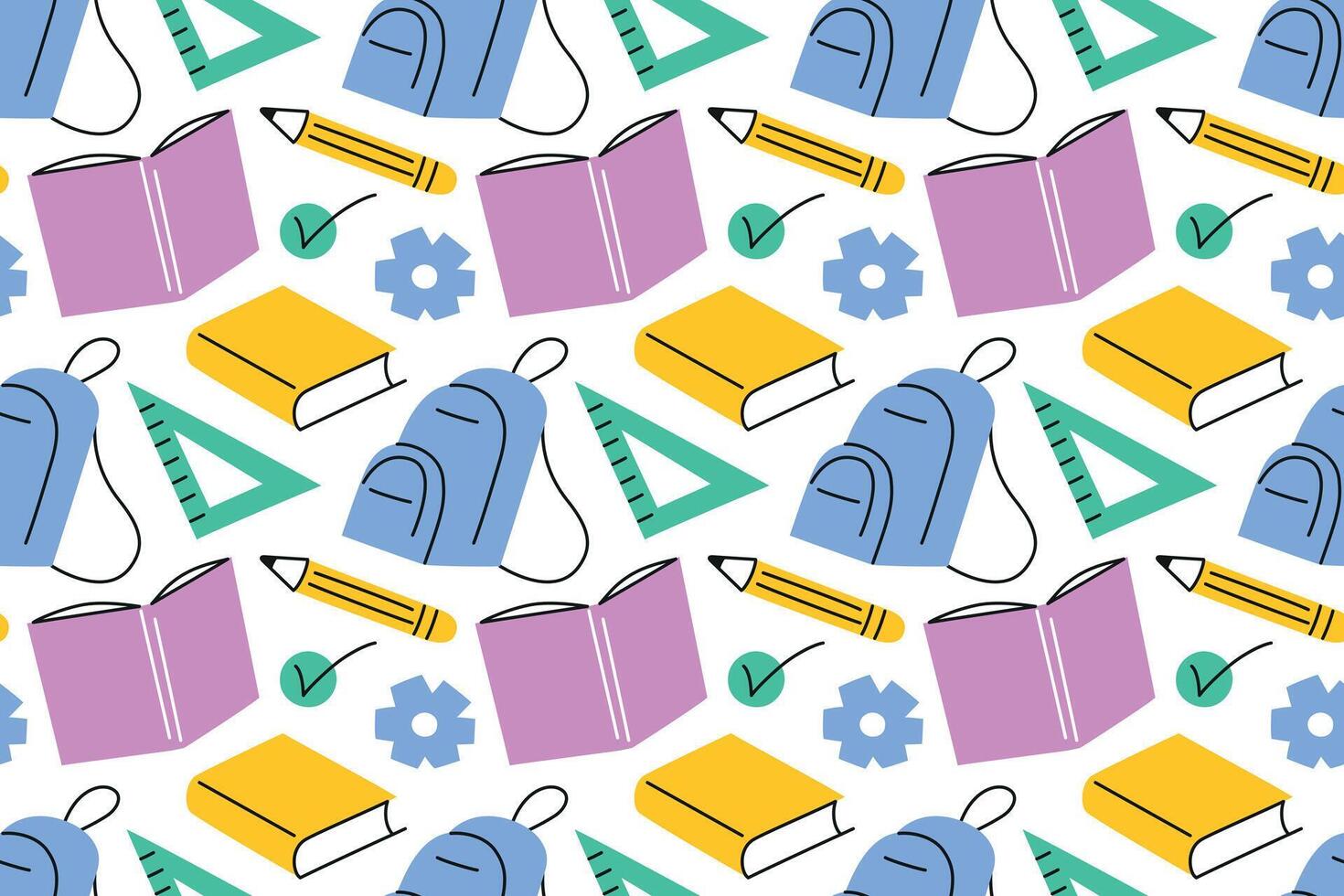 seamless pattern with school and university study elements. Flat minimal design with colorful books, backpacks, pencils, rulers, checklist icon with checkmark. Background for educational themes vector