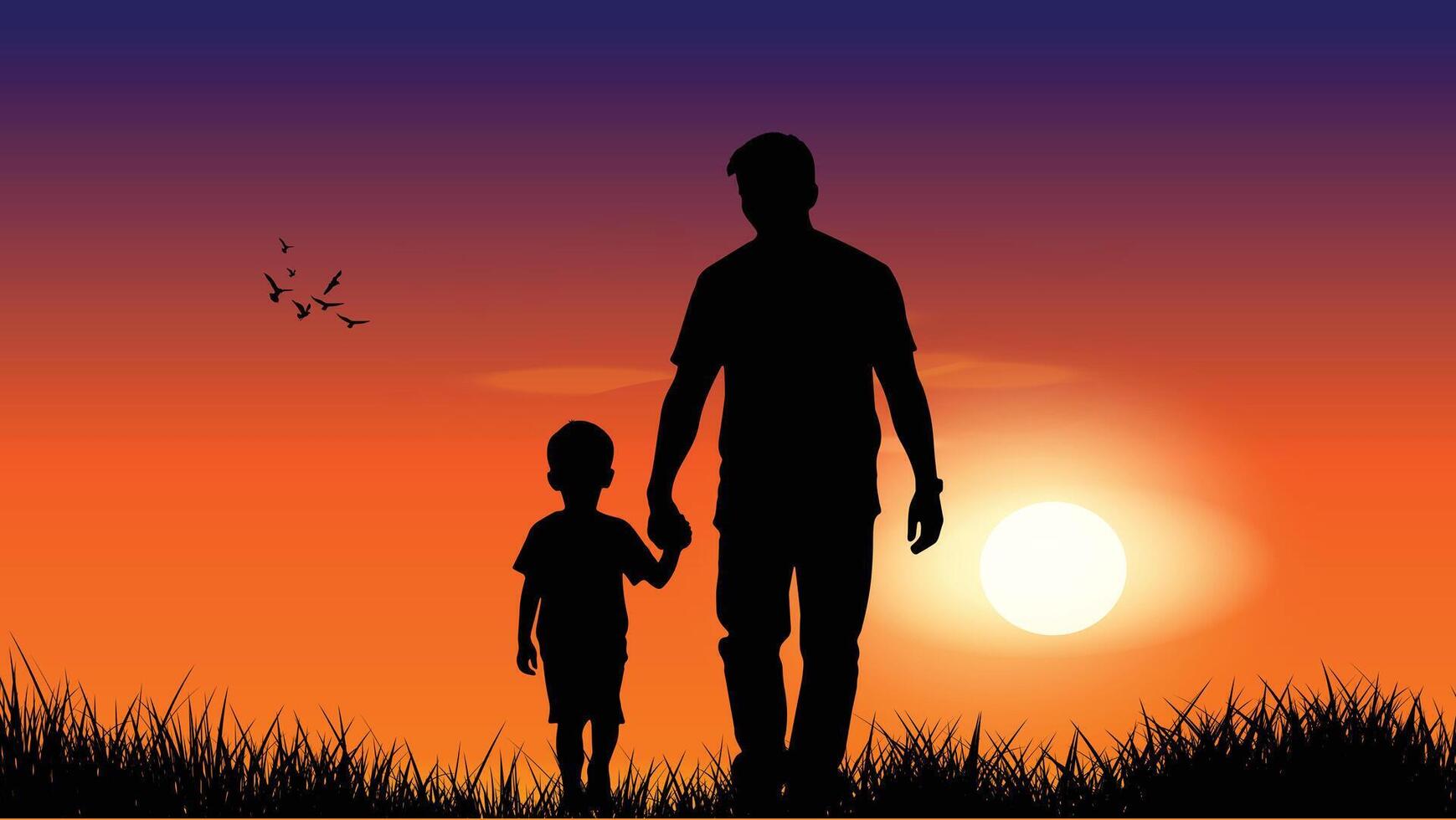 Father and child silhouette at sunset, representing family love, bonding, and memorable moments vector