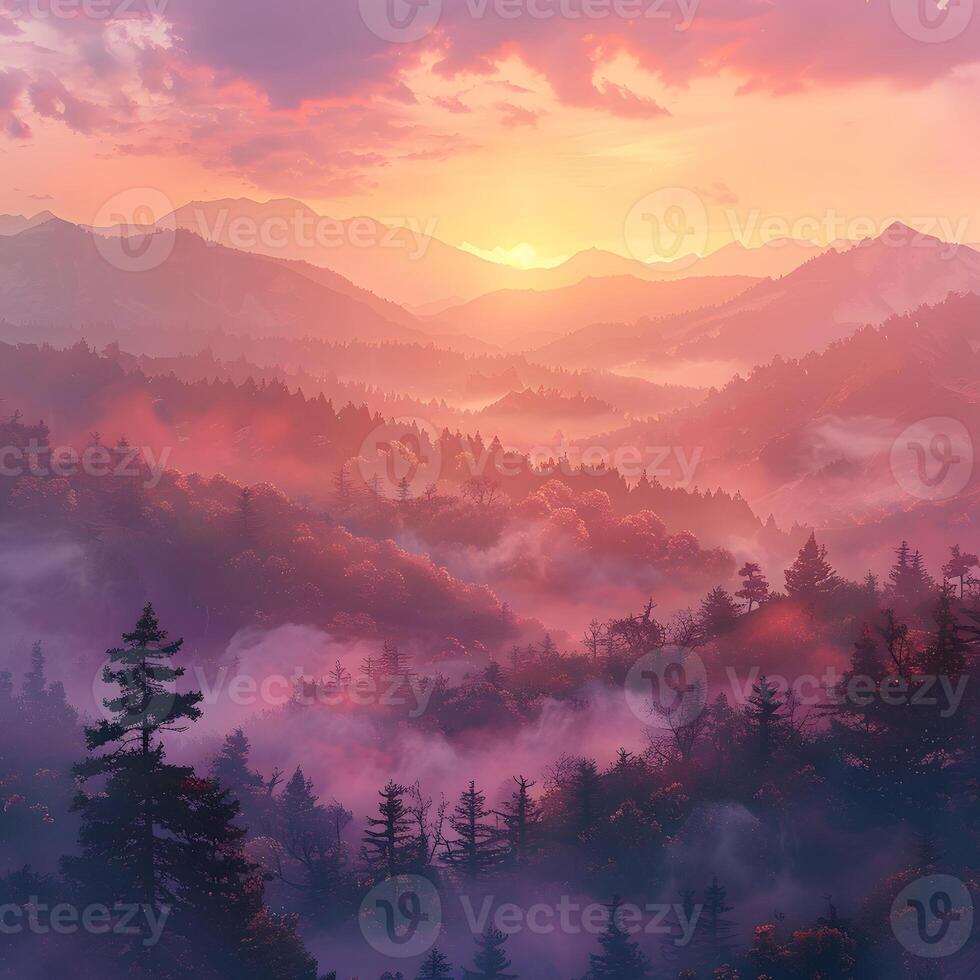 a sunset over a valley filled with trees and mountains photo