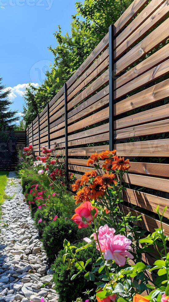 Beautiful Garden Fence with Flowers and Pebble Pathway photo
