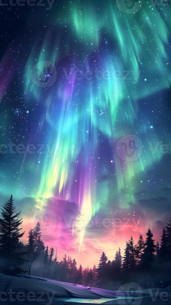 Beautiful Northern Lights Over Pine Forest in Winter Night photo