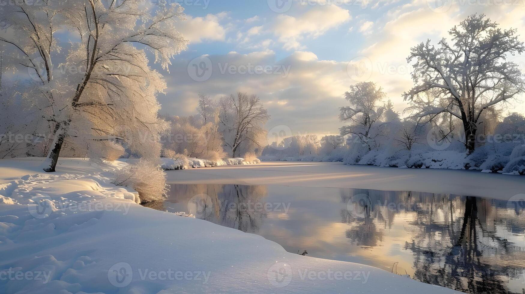 Snowcovered trees and river reflection in a winter landscape photo