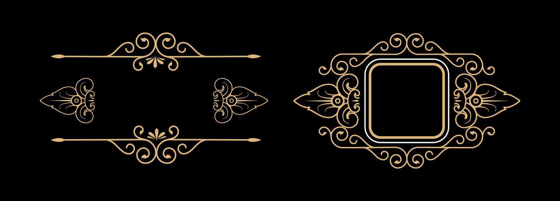 Set of retro vintage graphic design elements for frame, labels, logo symbols and ornamental on black background. vector