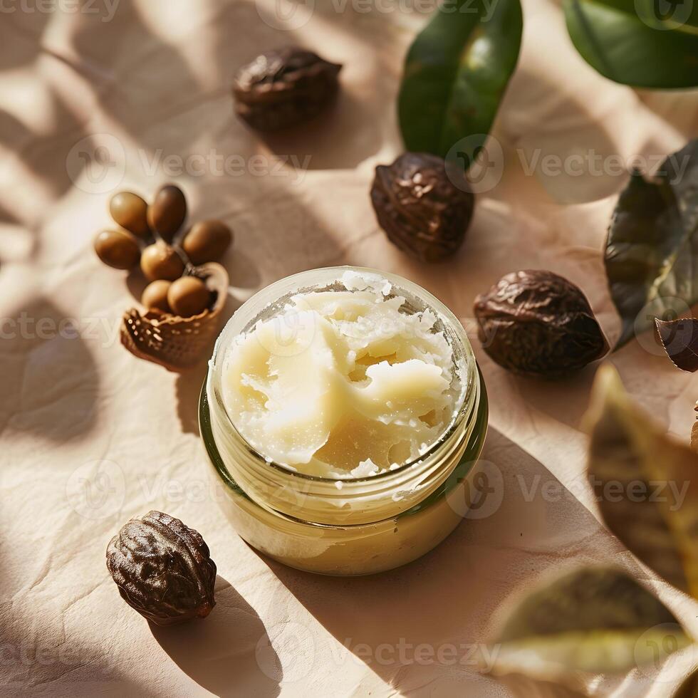 Natural Body Butter in Jar with Nuts and Leaves on Table photo