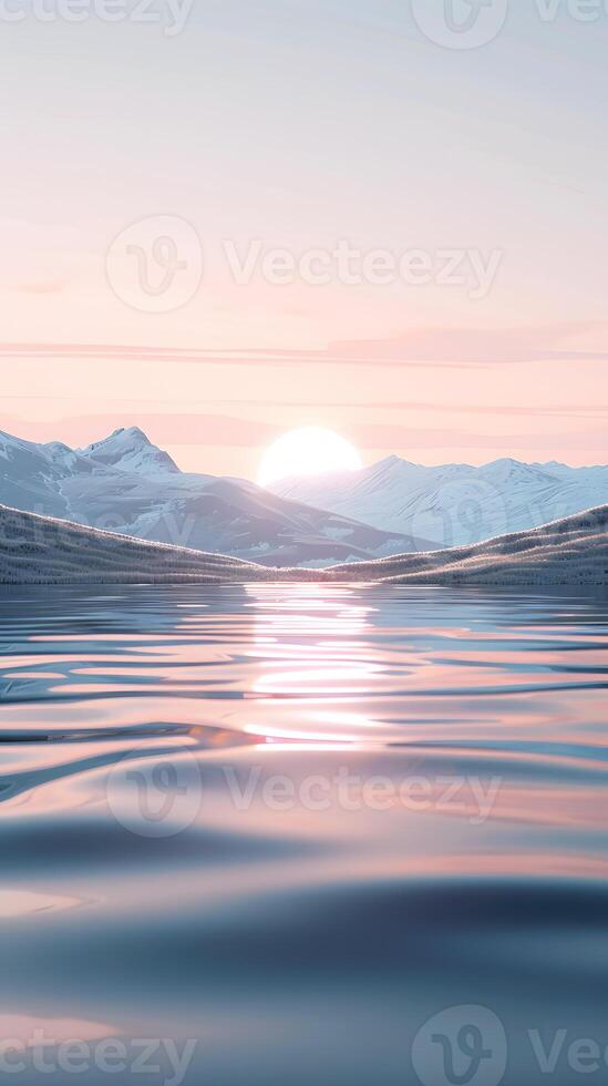 Serene Sunrise over Icy Waters with Mountain Background photo
