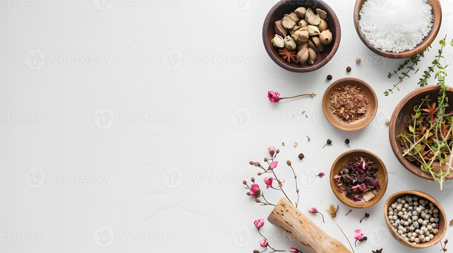 Natural Ingredients and Spices on White Background photo