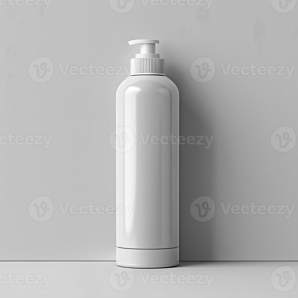 A cylindrical white plastic bottle with a pump is placed on a table photo