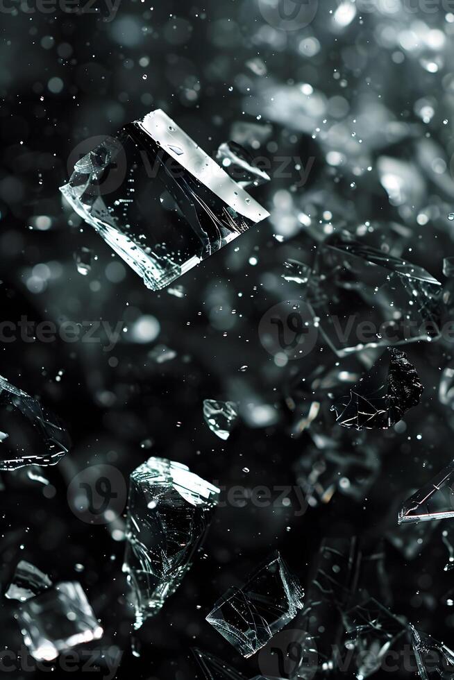 Abstract Broken Glass Pieces Floating in Dark Background photo