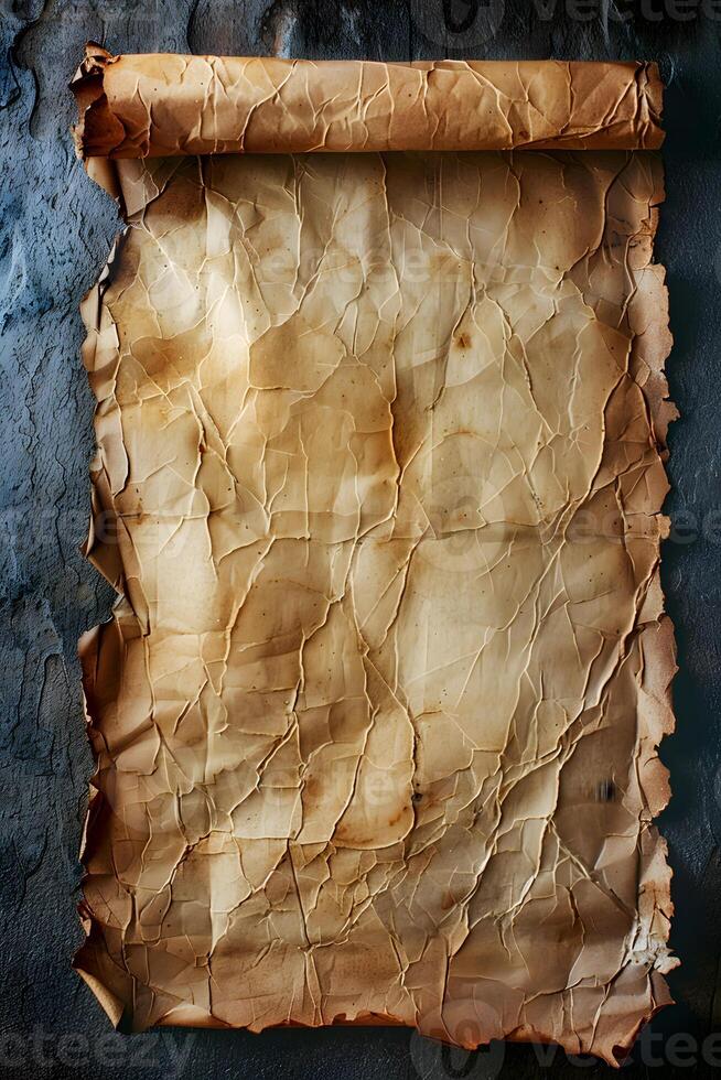 Ancient artifact rolledup rectangle of old paper on wood table photo