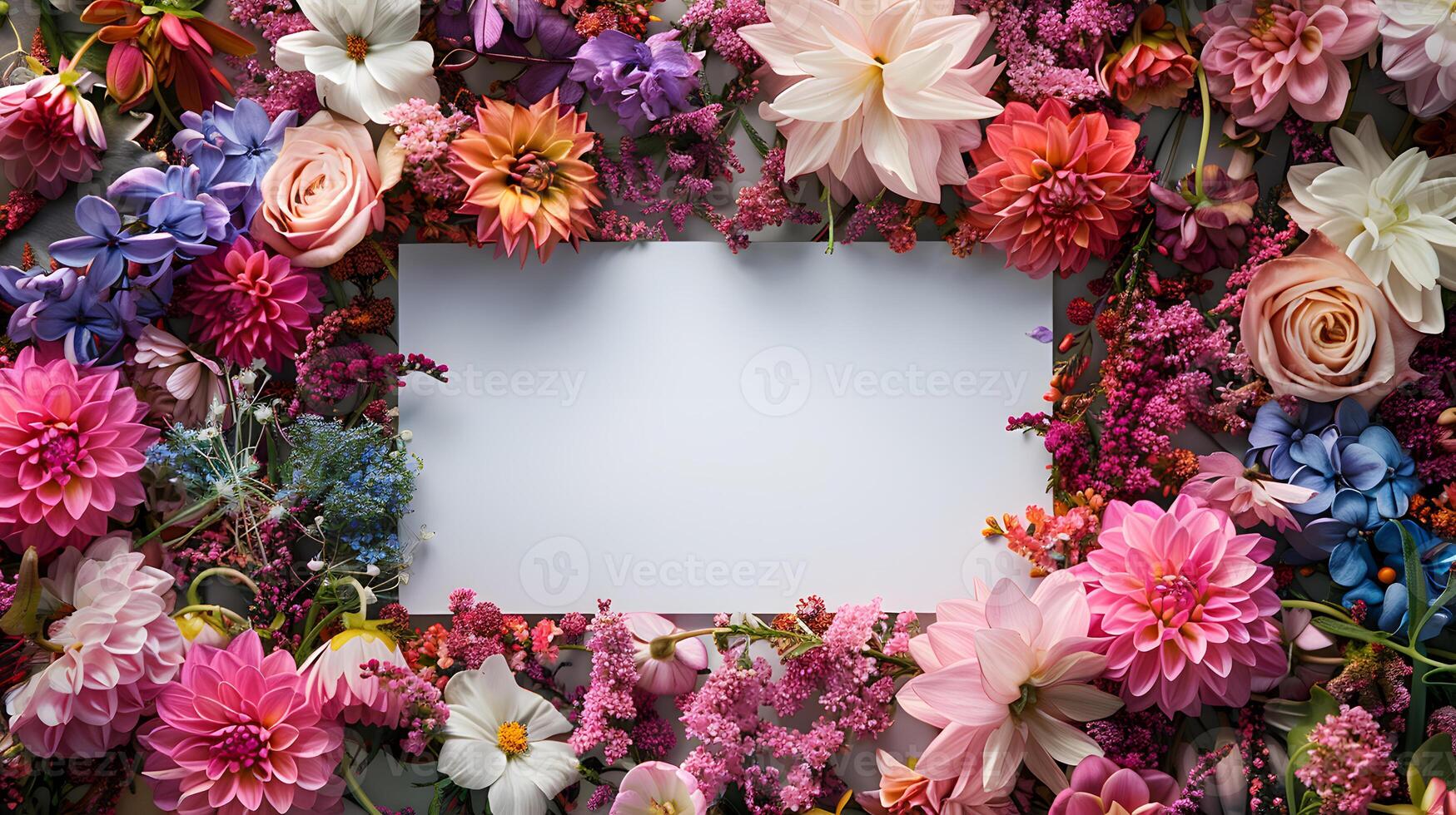 Colorful flowers surround a white card, creating a vibrant floral arrangement photo