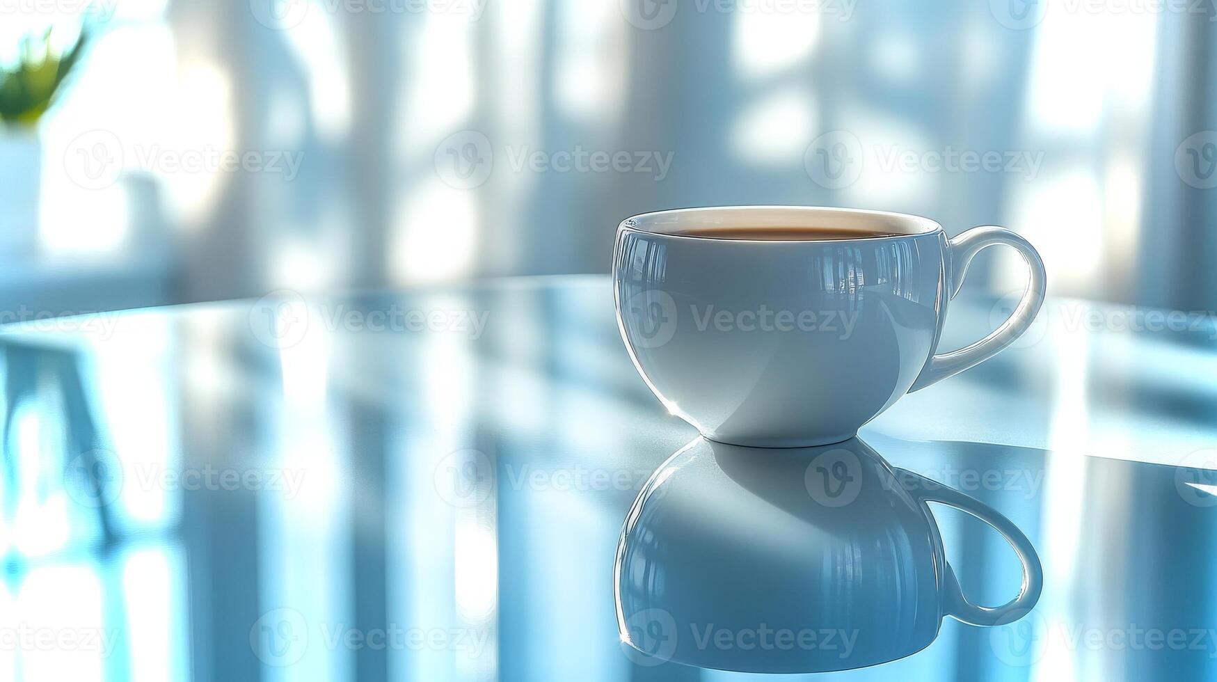 A pure white coffee cup sits alone on a reflective surface, surrounded by soft natural light. photo