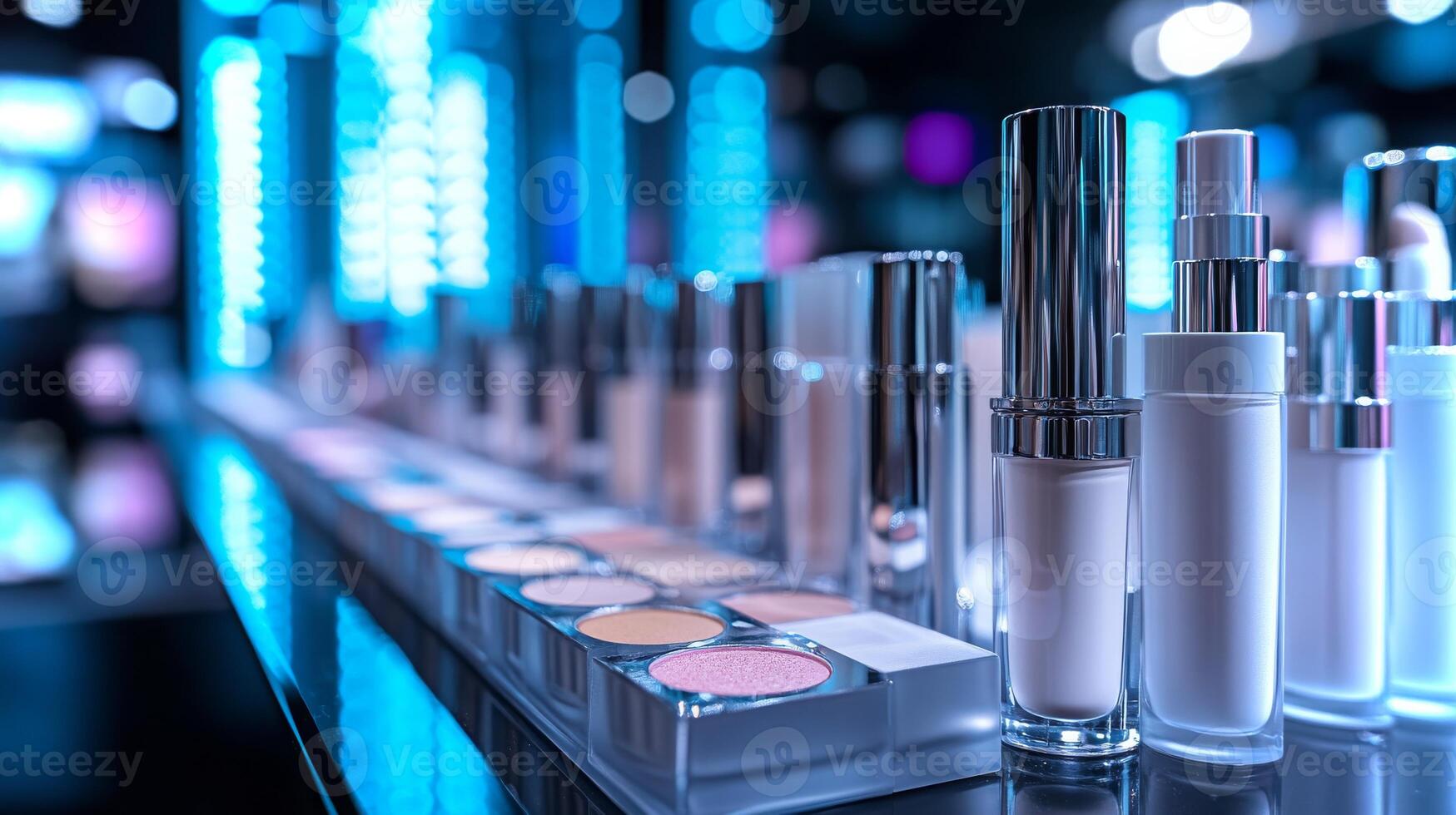 Makeup artists arrange an array of cosmetics in a fashion week dressing room, showcasing vibrant colors under bright lights. photo