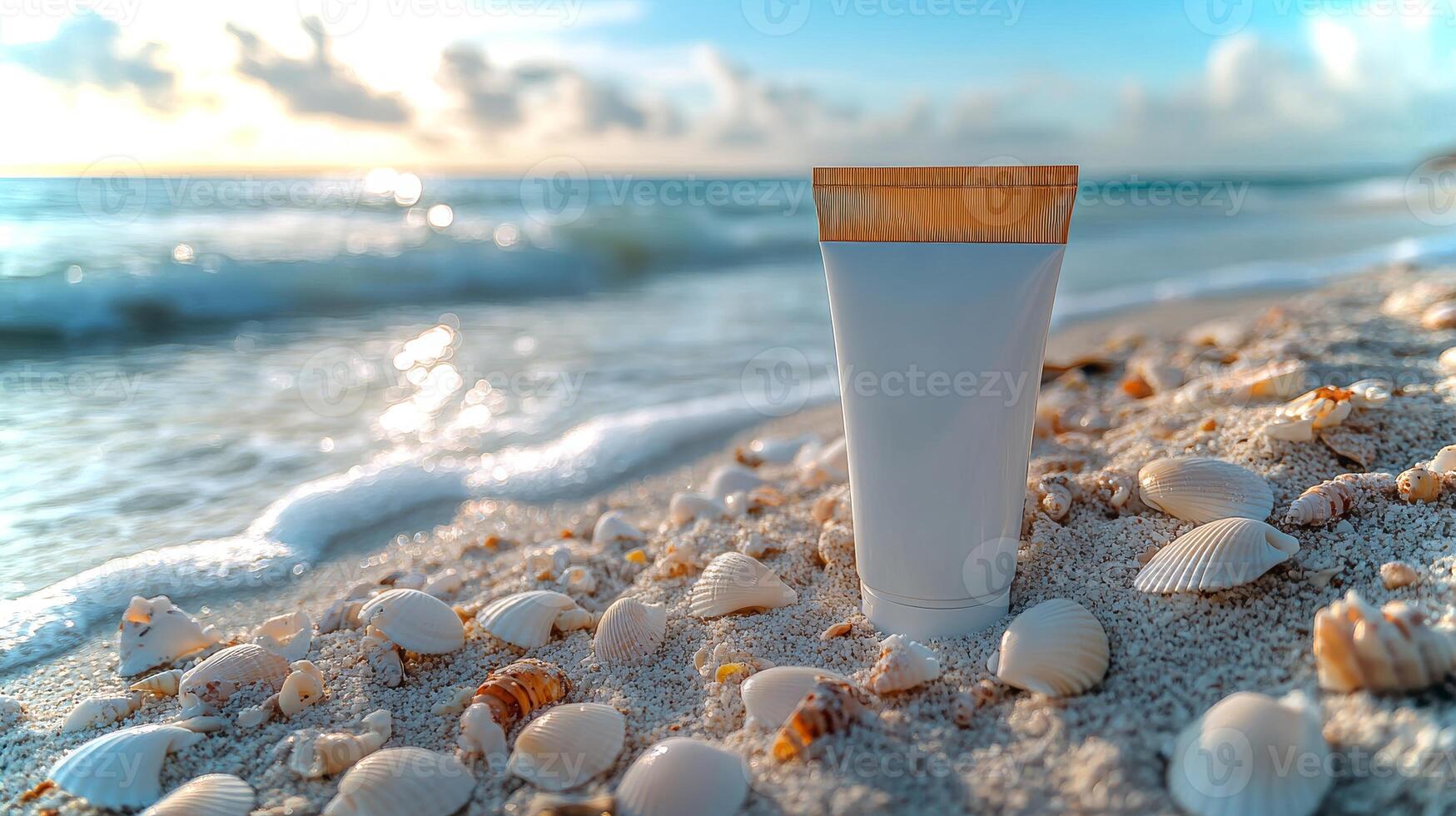 A sunscreen tube sits upright on sandy shore, surrounded by small seashells as gentle waves roll in during a tranquil sunset. photo
