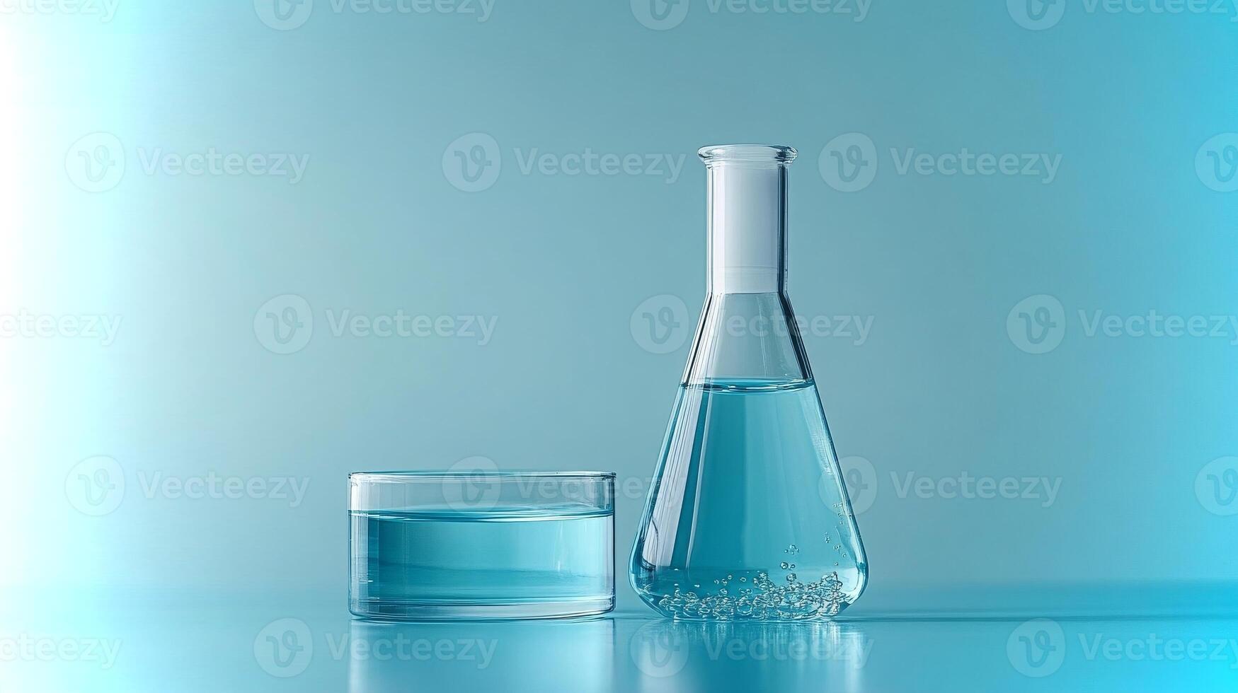 In a laboratory setting, blue liquid fills a beaker and a dish, highlighting a white cream tube beside them, indicating experimental activity and innovation. photo