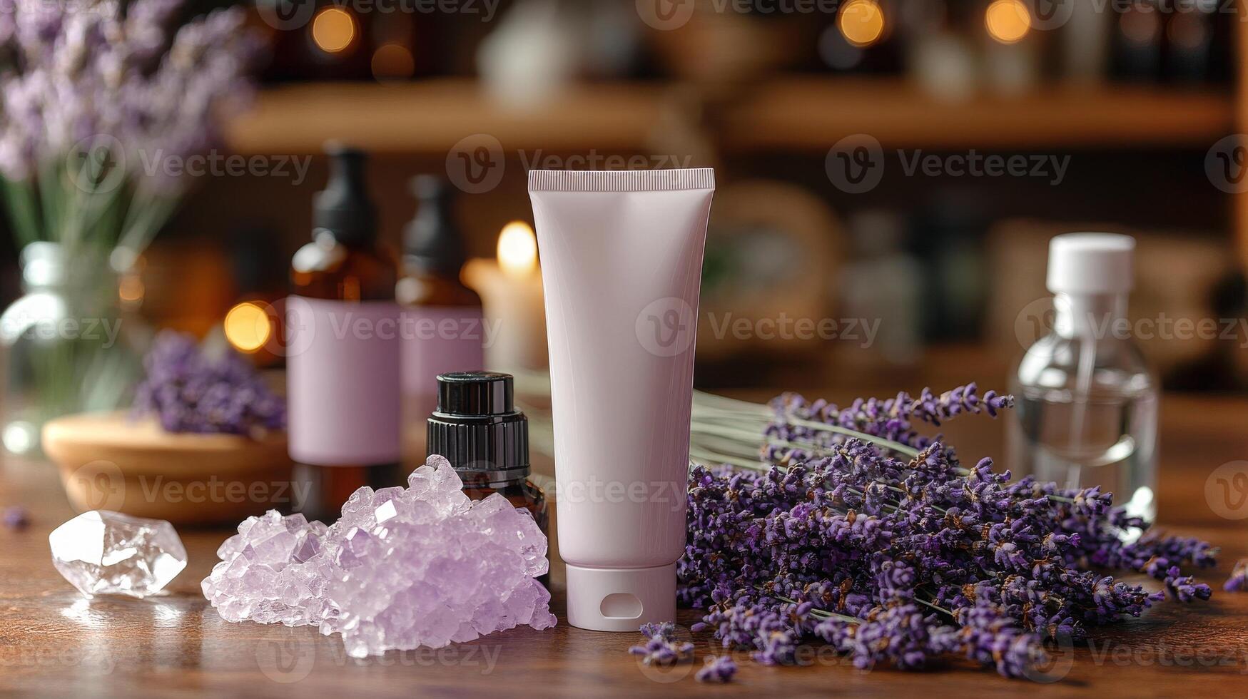 Luxurious spa arrangement featuring a white tube among lavender, essential oils, and crystals, creating a tranquil atmosphere for relaxation and self-care. photo