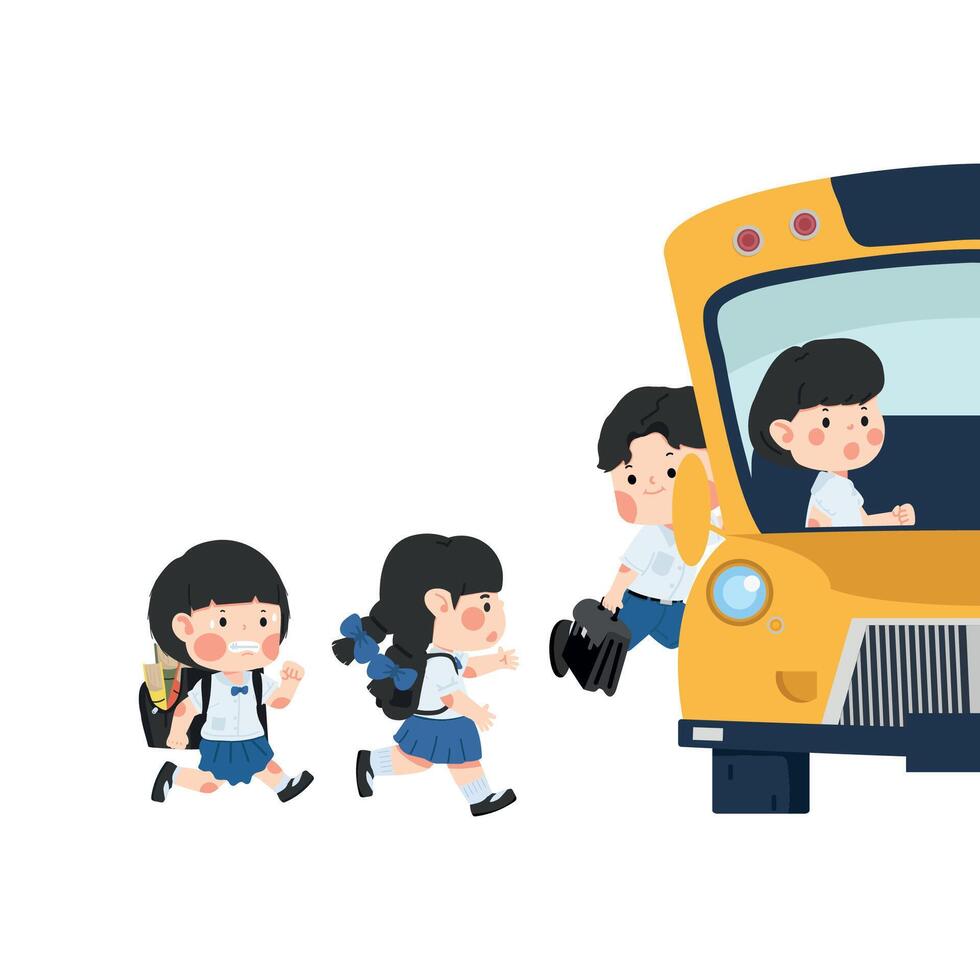 Students are walking onto Yellow the school bus vector